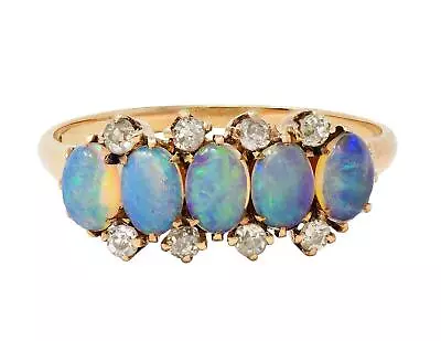 Victorian Opal Cabochon Diamond 14 Karat Yellow Gold Five Stone Antique Ring • $2035