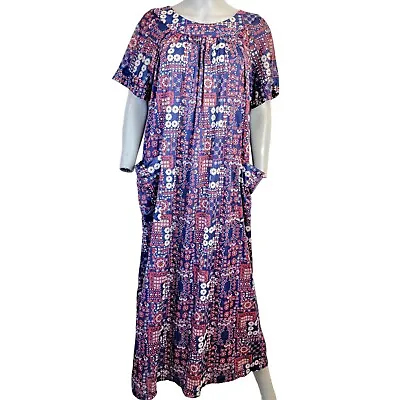 Vintage 70s Nylon Mumu Maxi Dress Women 1X House Gown Geometric Patriotic 18 20 • $22