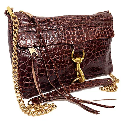 $298 REBECCA MINKOFF Brown Croc Embossed M.A.C. Chain Bag • £120.64