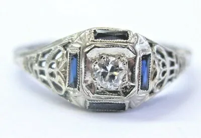 18Kt Vintage Ceylon Sapphire & Diamond White Gold Ring .32Ct • $950