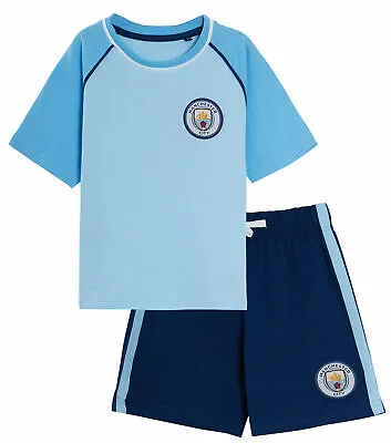 Kids Manchester City Short Pyjamas Boys Premiership Football Kit Shorts T-shirt • £8.99