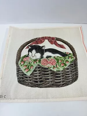 Vtg Melissa Shirley Handpainted Needlepoint Canvas Black White Cat In Basket • $94.95