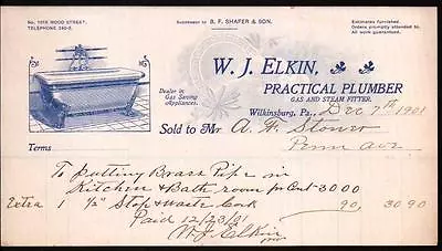1901 Wilkinsburg Pa - Practical Plumber Gas Steam Fitter - W J Elkin Letter Head • $195