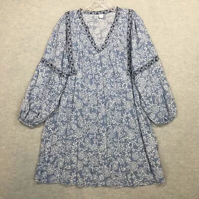 Old Navy M Blue Open Prairie Dress Above Knee Floral Trim Cotton Blend V-Neck • $16.50