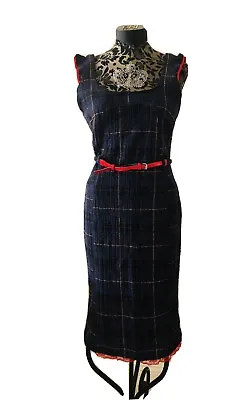 D.E.P.T. Plaid Wool Midi Dress Medium Wiggle Navy Blue Retro Rockabilly $125 • £41.77