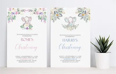 £4.75 • Buy 10x Handmade Personalised Christening/Baptism Invitations Floral With Elephant 