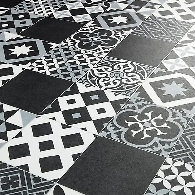 £0.99 • Buy Moroccan Tile Effect Vinyl Flooring Sheet Black & Grey Cushioned Kitchen Lino