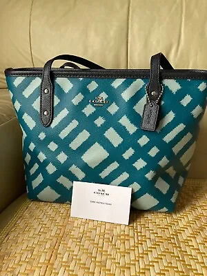 Coach Tote Bag Mini City Zip Leather Wild Plaid Blue White Handbag G1780-F22246 • $80