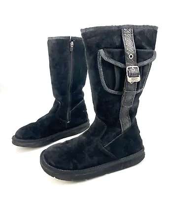 UGG Womens 8 Black Tall Buckle Cargo II Pocket Retro Sheepskin Boots Winter 5195 • $58