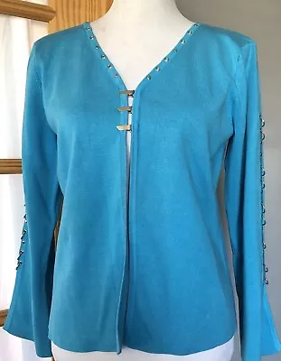 Y2K 90s Marisa Christina Women’s Cardigan Sz M 60% Silk Blue Silver Studs Rings • $28