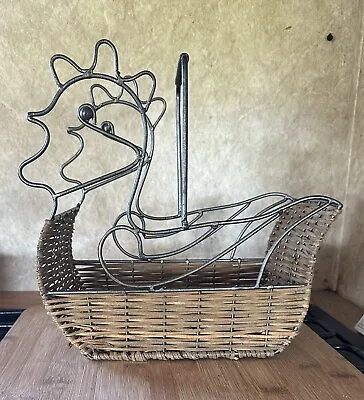 Vintage Egg Basket Chicken Hen Rooster Metal & Wicker French Country Farmhouse • $19.94