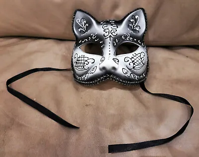 Hand Painted Venetian Cat Masquerade Mask Gray & Black Glitter Made In Italy • $15.95