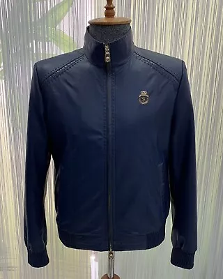 Billionaire Genuine Python Leather Trim Soft Lambskin Blue Men's Bomber Jacket • $545