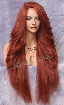 Human Hair Blend Long Full Lace Front Wig Layered Wavy Copper Red Heat OK RPU • $98.59
