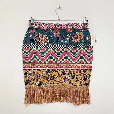 Anthropologie L Knitted Multi Coloured Tasselled Stretch Pencil Skirt RRP £120 • £34.99