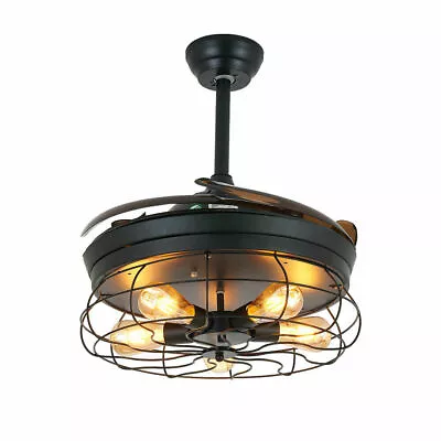 Farmhouse Retractable Industrial Caged Ceiling Fan Light With Remote Control 40W • $80