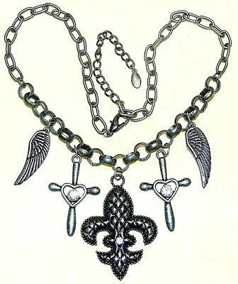 Vintage Stunning Necklace With Fleur De Lis  Cross Feather Dangle Charms • $19.99