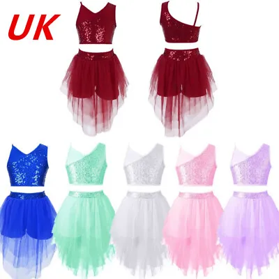 UK Girls Ballet Lyrical Dance Outfits Sequins Crop Top Skirt Performance Costume • £5.82