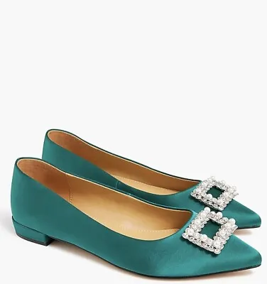 J.Crew Women's Crystal Embellished Pointed-Toe Satin Flats Green 7 1/2 NIB • $57