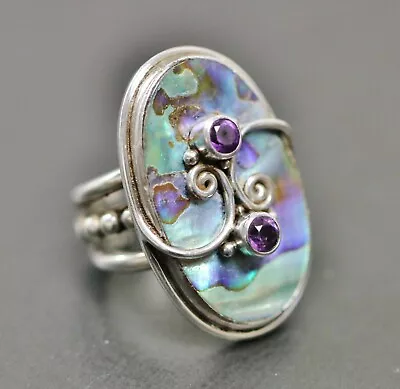 Sajen 925 Sterling Silver Abalone Shell & Amethyst Swirl Adjustable Ring 14.6g • $29.99