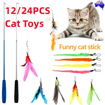 $30.28 • Buy 12/24pcs Pet Cat Toys Feather Teaser Wand Interactive Stick Kitten Fun Wire Bead
