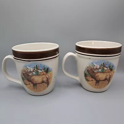 2 Cabela's Bugling Elk 4 1/2  Stoneware Mugs Cups By Folkcraft • $29.99