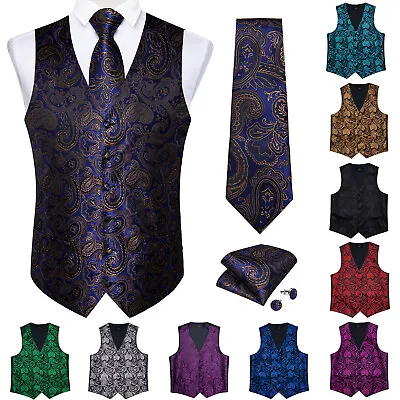 $19.66 • Buy Mens Burgundy Red Paisley Wedding Vest Silk Woven Waistcoat Tie Cufflinks Set
