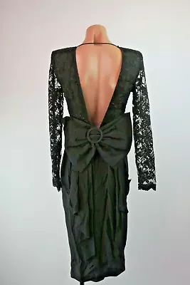 VTG 80s Lace Drop Waist Open Back Puff Pouf Sleeve Black Party Prom Dress Bows 4 • $80