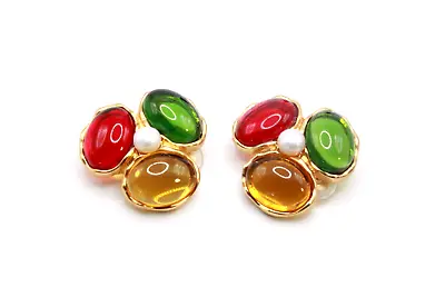 Vintage Large Gripoix Glass Cab Multicolor Clip Earrings • £62.55