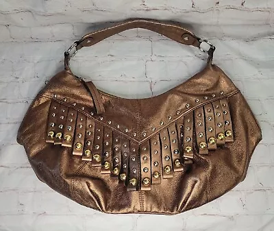 B Makowsky Copper Metallic Hobo Handbag Purse Studded Fringe Leather Boho • $35.70