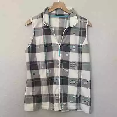 Made For Life Fleece Zip Up Vest Size Large White Plaid Turquoise • $20