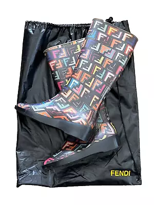 Women's FENDI Multicolor Monogram Logo Rain Boots 41 US10 Wellingtons Black • £287.07