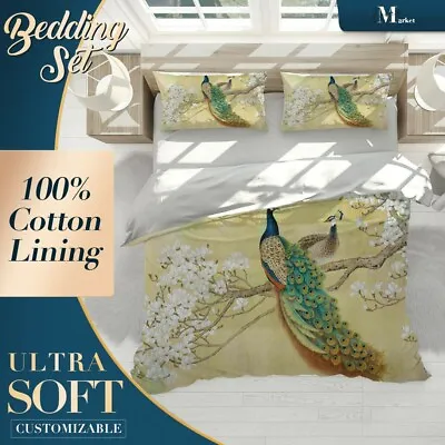 Peacock Sakura Traditional Art Green Duvet Cover Set Double Queen King Size • $16.57