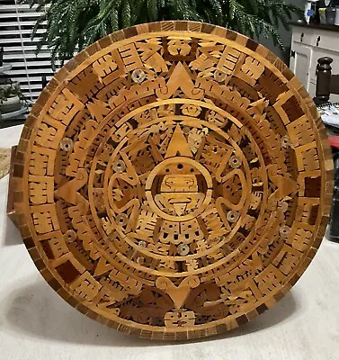 Aztec Mosaic Calendar Mexico Hand Carved Inlay Vintage Wooden Wood Art Mexican • $29.99