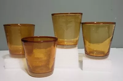 Set Of 4 Hand Blown Seeded Bubble Amber Old Fashioned Double Rocks Mexican Heavy • $24.99