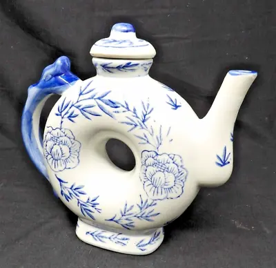 Vintage Asian Floral Blue And White Ceramic Doughnut Shaped Teapot 7 1/4   B • $8.50