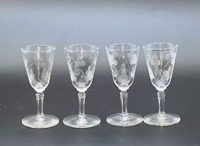 Set Of 4 Vintage Etched Berry Cordial Glasses 3 7/8  Tall 1 Oz. • $12