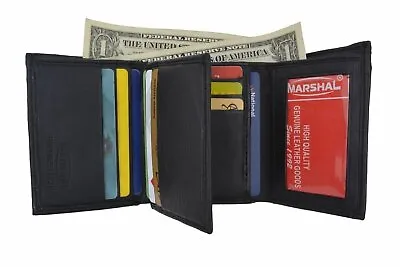 Mens Slim Trifold Genuine Leather Wallet Credit Card Window ID License Black !!! • $9.99