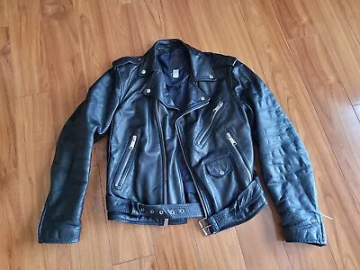 Vintage Real Black Leather Motorcycle Biker Jacket Belted Size 38 • $65