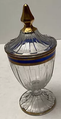 Vintage Heisey Recessed Panel No. 465 9  1/4 Lb Candy Jar With Gold And Blue • $25