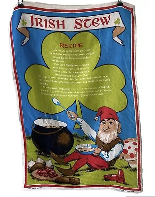 Vtg Leprechaun Irish Pure Linen Tea Towel Stew Recipe Mushroom MCM Kitschy • $14.95