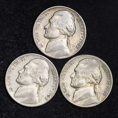 1943 P D S Jefferson Nickel Set (3 Coin Lot) Silver War Nickels Nice GOOD / VG • $11.54