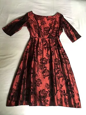 Vintage 40’s 50’s Cocktail Dress Size 8 Red Black Satin Jaqaurd • $60