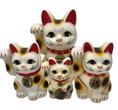 Japan Antique Ceramic LUCKY CAT Family MANEKI NEKO Right Hand Good Fortune Banks • $74.95