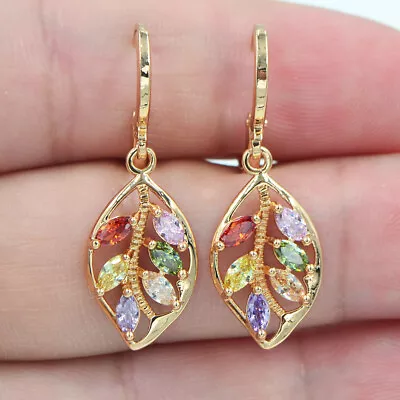 18K Yellow Gold Filled Fashion Multi-Coloured Mystic Topaz Leaf Dangle Earrings • £4.99