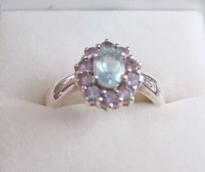 Aquamarine & Tanzanite Sterling Silver Cluster Ring Size O/P In Good Condition  • £24.99