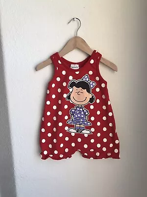 Rare Vintage PEANUTS Red Sleeveless Lucy Romper Baby Sz 12 Mo. Crotch Snap Close • $24.99