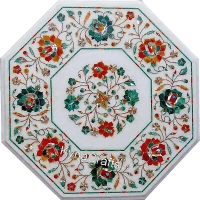 Gemstone Inlay Work Coffee Table Top White Marble Balcony Table From Vintage Art • $342