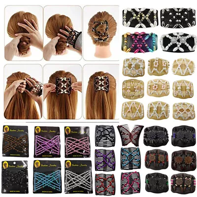 Wooden Beads Magic Hair Combs Stretchy Double Hair Combs Clips Elastic For Women • £4.07