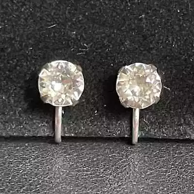 Pair Vintage Solitaire Rhinestone Silvertone Screw Back Clip On Earrings • $14